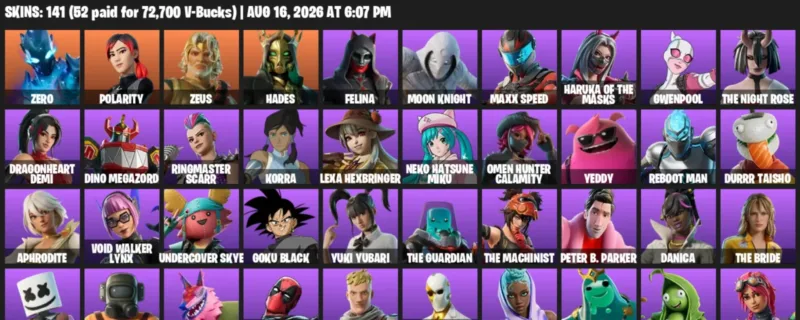 Fortnite account inventory for LVL 1254 - Zero - Polarity - 141 Outfits
