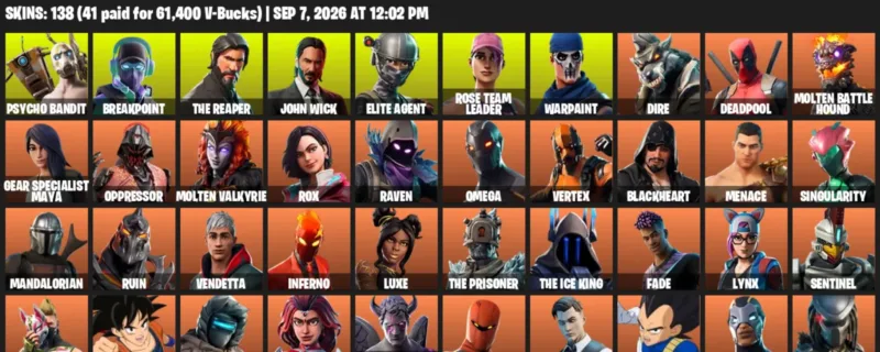 Fortnite account inventory for LVL 1520 - Psycho Bandit - Breakpoint - 138 Outfits