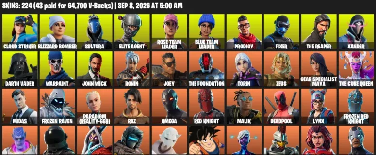 Fortnite account inventory for LVL 1806 - Cloud Striker - Blizzard Bomber - 224 Outfits