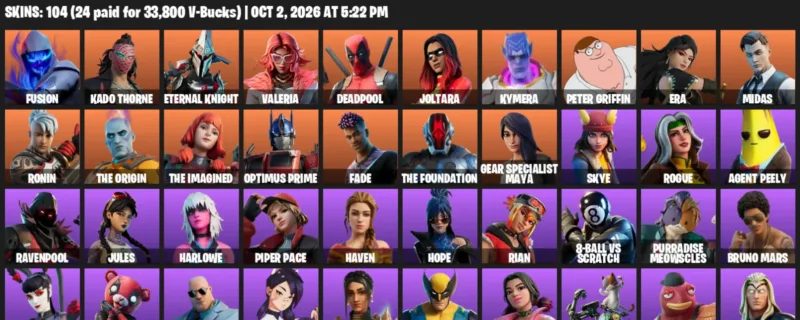 Fortnite account inventory for Fusion - Kado Thorne - 104 Outfits