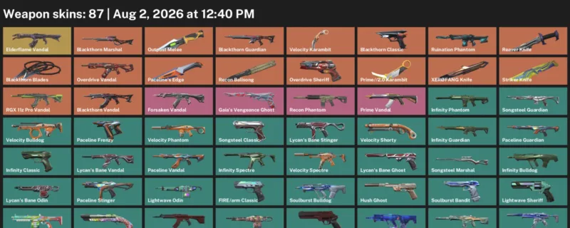 Valorant account inventory for LVL 155 · Reaver Knife & 2.0 Karambit