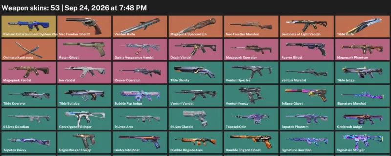 Valorant account inventory for LVL 133 · Venturi Knife & 53 Skins Tilde Knife
