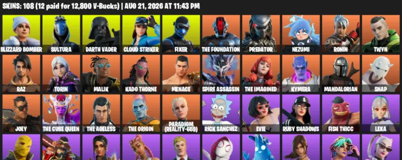 Fortnite account inventory for LVL 2077 - Blizzard Bomber - Sultura - 108 Outfits