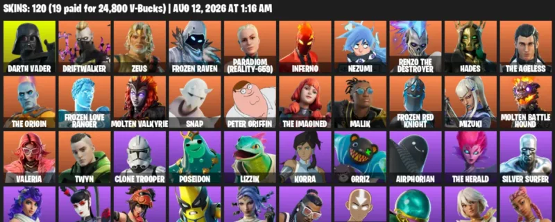 Fortnite account inventory for LVL 1602 - Darth Vader - Driftwalker - 120 Outfits