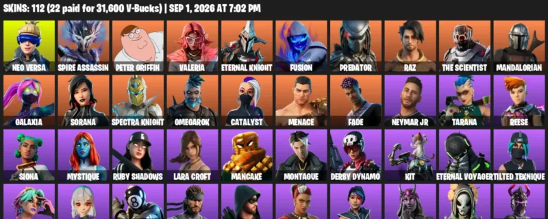 Fortnite account inventory for LVL 2475 - Neo Versa - Spire Assassin - 112 Outfits