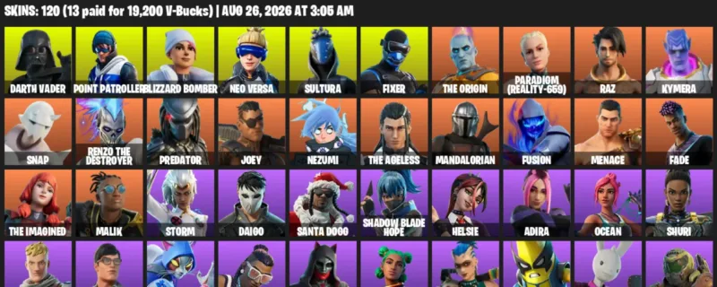 Fortnite account inventory for LVL 1914 - Darth Vader - Point Patroller - 120 Outfits