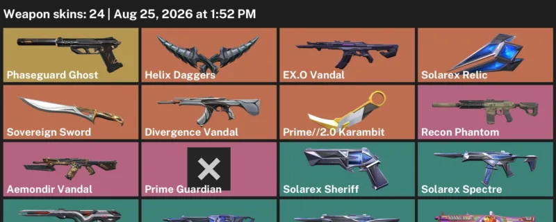 Valorant account inventory for LVL 64 · 2.0 Karambit & Sovereign Sword & EX.O Vandal