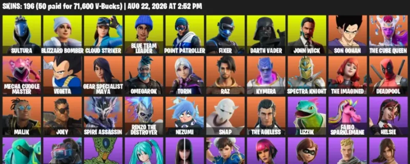 Fortnite account inventory for LVL 1493 - Sultura - Blizzard Bomber - 196 Outfits