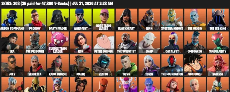 Fortnite Accounts listing: LVL 2080 - Carbon Commando - Prodigy - 203 Outfits - 203 outfits