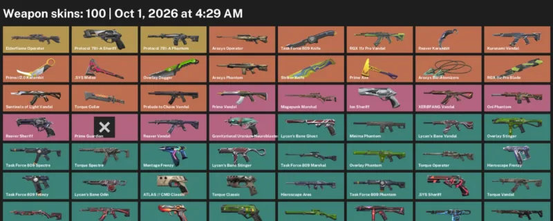 Valorant account inventory for LVL 185 · Reaver Karambit & RGX 11z Pro Blade