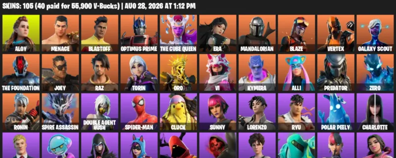 Fortnite account inventory for LVL 2405 - Aloy - Menace - 105 Outfits