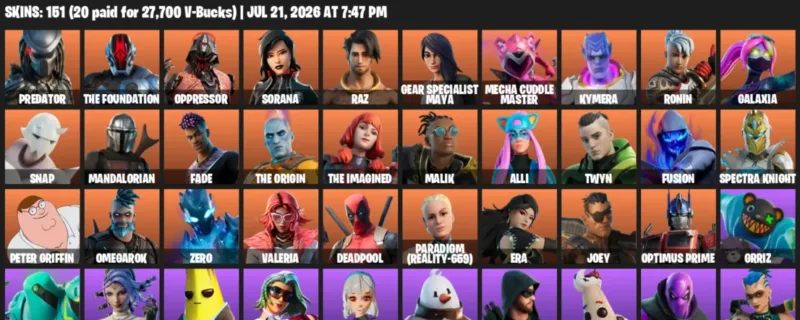 Fortnite Accounts listing: LVL 2113 - Predator - The Foundation - 151 Outfits - 151 outfits