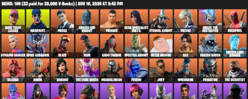 Fortnite account inventory for LVL 2853 - Rose Team Leader - Warpaint - 166 Outfits