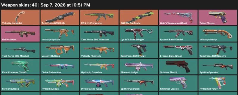 Valorant account inventory for LVL 110 · 40 Skins RGX 11z Pro Blade