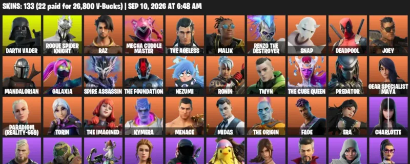 Fortnite account inventory for LVL 2322 - Darth Vader - Rogue Spider Knight - 133 Outfits
