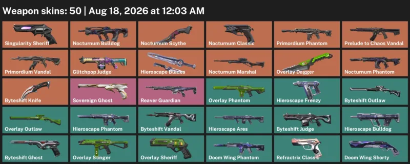 Valorant account inventory for LVL 82 · Byteshift Knife & Nocturnum Scythe & Overlay Dagger