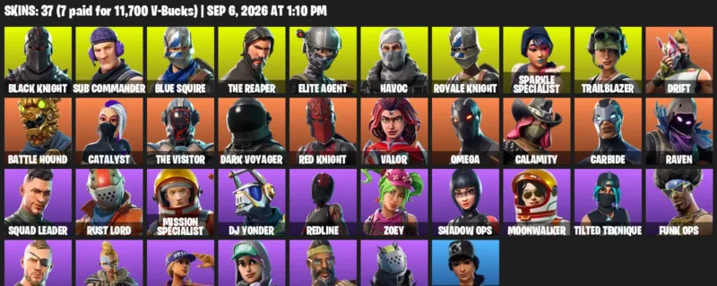 Fortnite account inventory for LVL 402 - Black Knight - Sub Commander - 37 Outfits