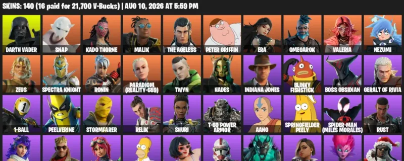 Fortnite account inventory for LVL 2283 - Darth Vader - Snap - 140 Outfits