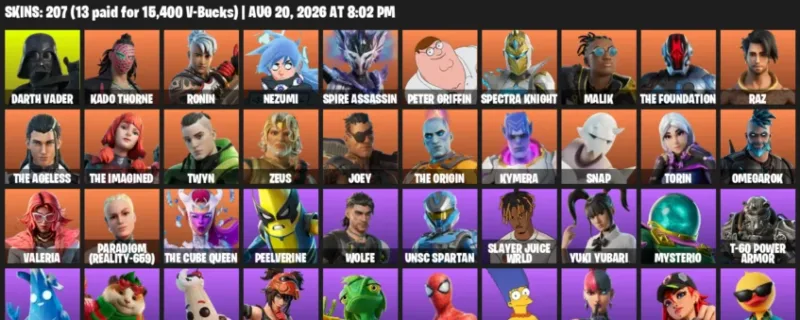 Fortnite account inventory for LVL 3669 - Darth Vader - Kado Thorne - 207 Outfits