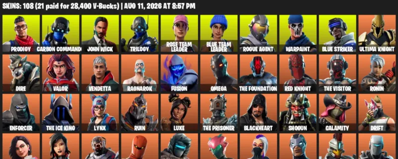 Fortnite account inventory for LVL 1160 - Prodigy - Carbon Commando - 108 Outfits
