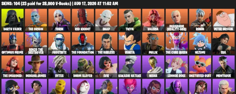 Fortnite account inventory for LVL 1709 - Darth Vader - The Origin - 104 Outfits