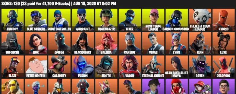 Fortnite account inventory for LVL 1362 - Trilogy - Blue Striker - 130 Outfits