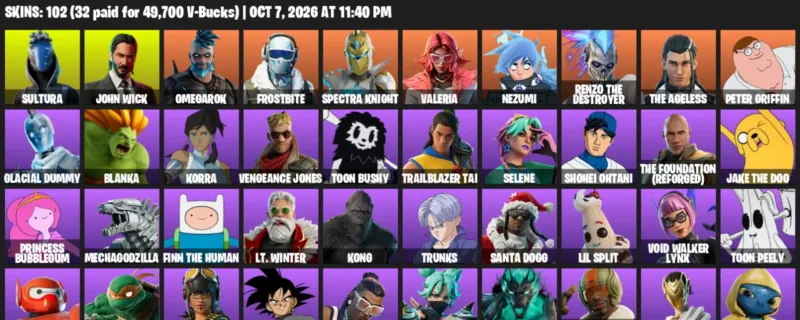Fortnite account inventory for Sultura - John Wick - 102 Outfits