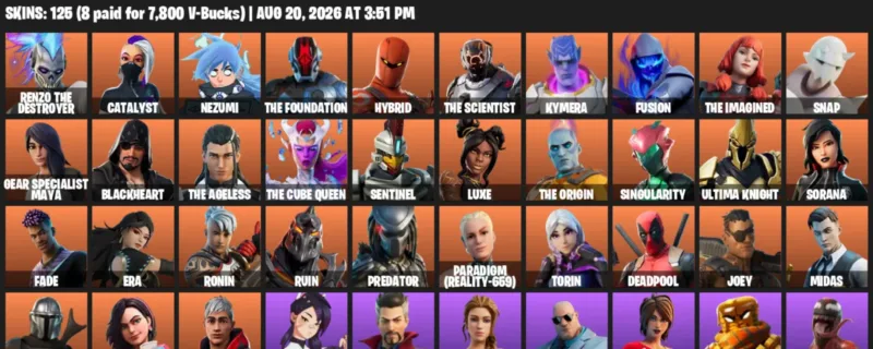 Fortnite account inventory for LVL 1860 - Renzo the Destroyer - Catalyst - 125 Outfits
