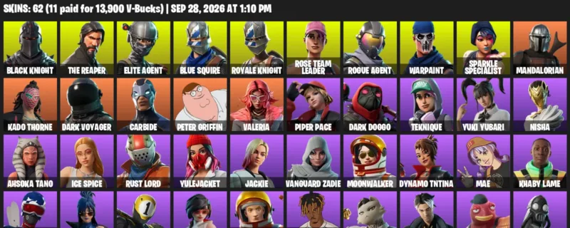 Fortnite account inventory for Black Knight - The Reaper - 62 Outfits