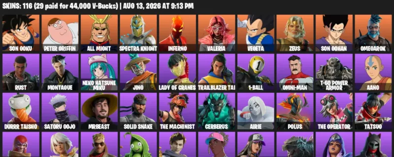 Fortnite account inventory for LVL 993 - Son Goku - Peter Griffin - 116 Outfits
