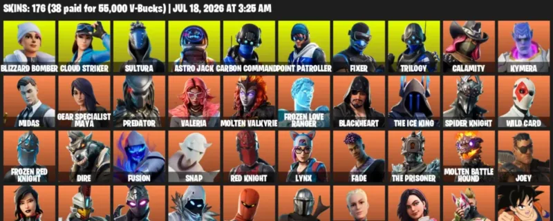 Fortnite Accounts listing: LVL 1608 - Blizzard Bomber - Cloud Striker - 176 Outfits - 176 outfits
