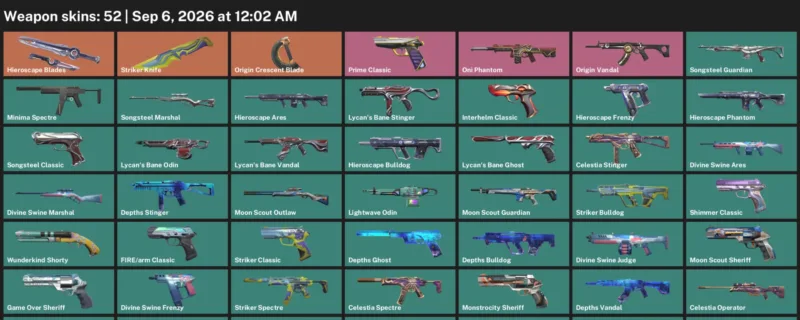 Valorant account inventory for LVL 184 · Origin Crescent Blade & Striker Knife