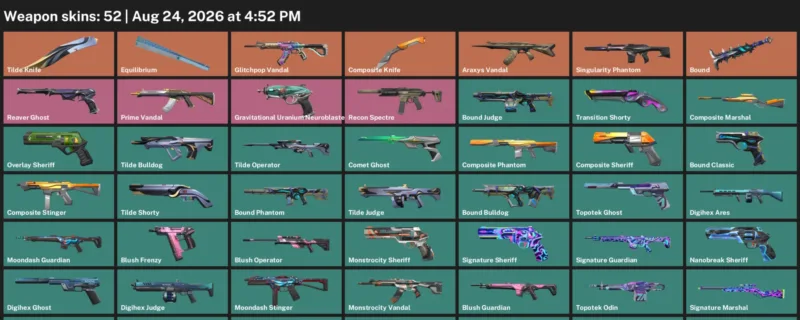 Valorant account inventory for LVL 173 · Araxys Vandal & Tilde Knife