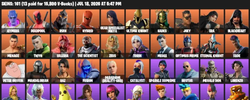 Fortnite Accounts listing: LVL 3916 - Kymera - Deadpool - 161 Outfits - 161 outfits