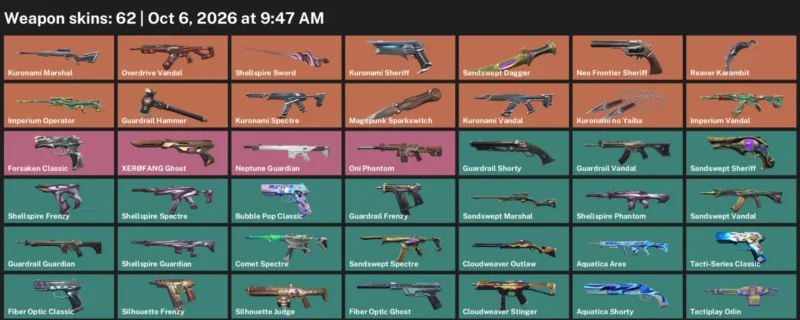 Valorant account inventory for LVL 99 · Kuronami no Yaiba & Reaver Karambit & Sandswept Dagger