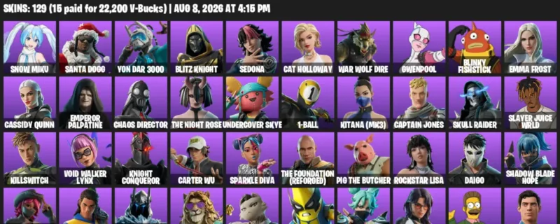 Fortnite account inventory for LVL 1192 - Snow Miku - Santa Dogg - 129 Outfits