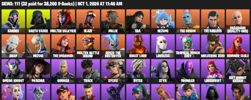 Fortnite account inventory for Xander - Darth Vader - 111 Outfits
