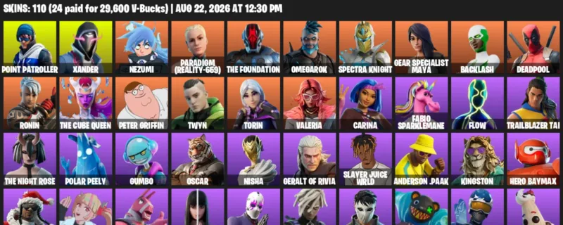 Fortnite account inventory for LVL 2288 - Point Patroller - Xander - 110 Outfits