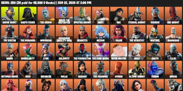 Fortnite account inventory for LVL 3176 - Rogue Agent - Darth Vader - 280 Outfits