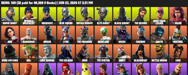 Fortnite account inventory for LVL 1384 - Rogue Agent - Sparkle Specialist - 105 Outfits