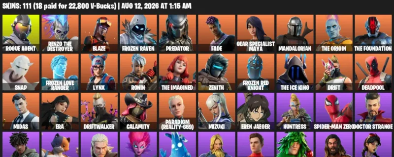 Fortnite account inventory for LVL 1045 - Rogue Agent - Renzo the Destroyer - 111 Outfits