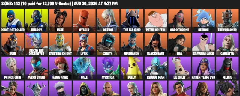 Fortnite account inventory for LVL 1532 - Point Patroller - Trilogy - 142 Outfits