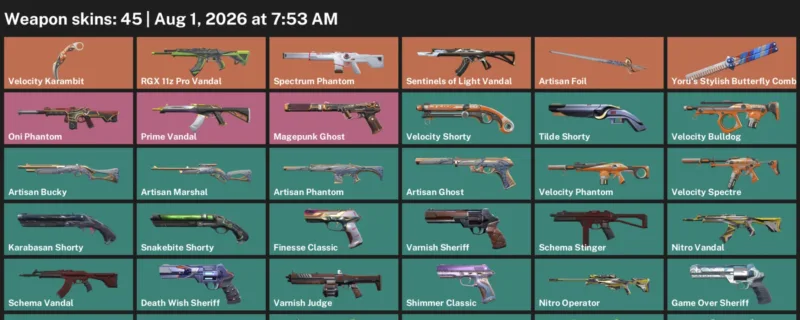 Valorant account inventory for LVL 194 · Artisan Phantom & Aero Frenzy