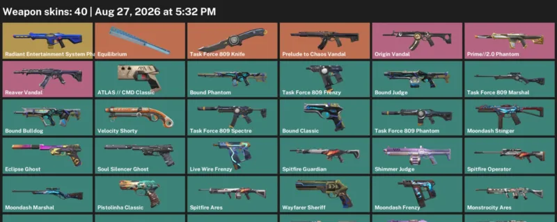 Valorant account inventory for LVL 215 · Task Force 809 Knife & Bound Phantom