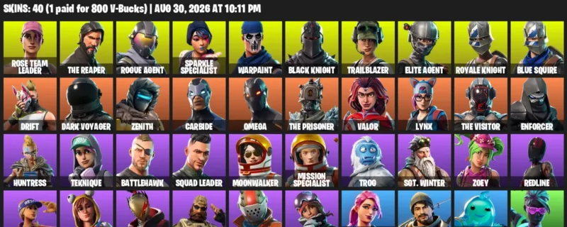 Fortnite account inventory for LVL 513 - Rose Team Leader - The Reaper - 40 Outfits