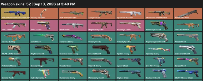 Valorant account inventory for LVL 410 · Champions 2024 Phantom & Velocity Karambit & Xenohunter Knife