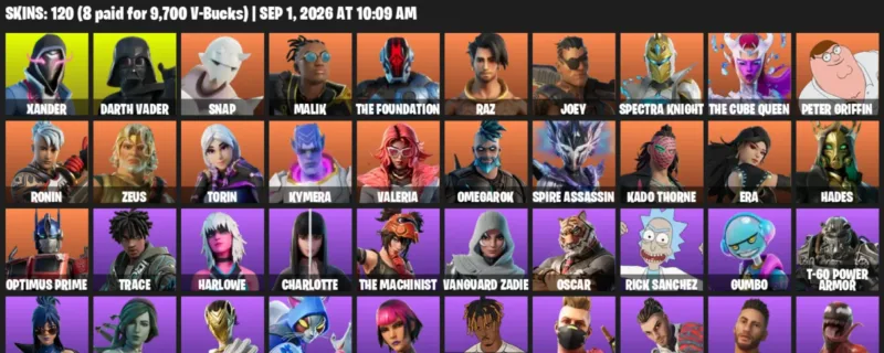 Fortnite account inventory for LVL 2716 - Xander - Darth Vader - 120 Outfits
