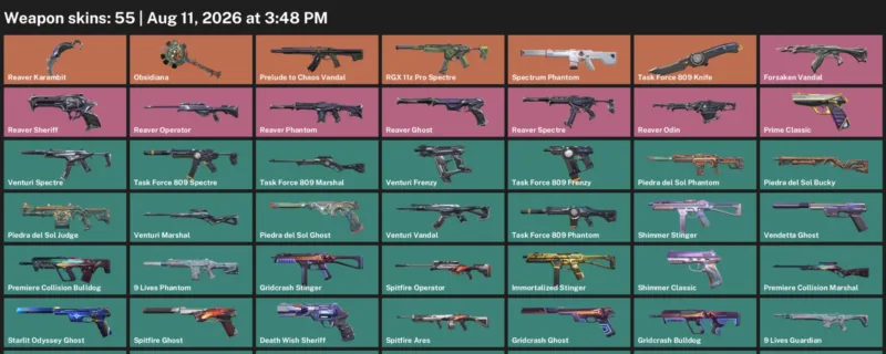 Valorant account inventory for LVL 159 · Reaver Karambit & Task Force 809 Knife