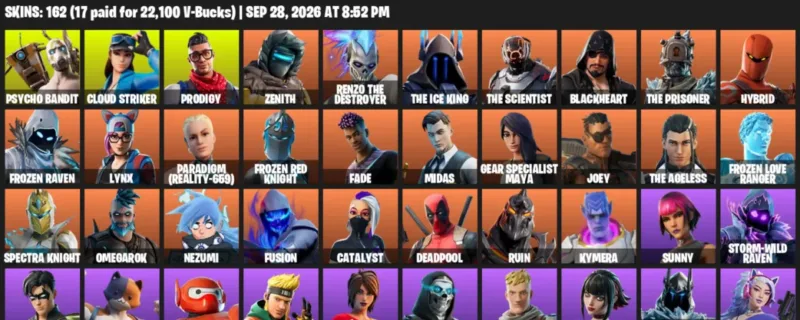 Fortnite account inventory for Psycho Bandit - Cloud Striker - 120 Outfits