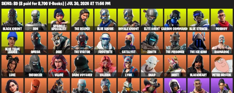 Fortnite Accounts listing: LVL 1550 - Black Knight - Eon - 89 Outfits - 89 outfits